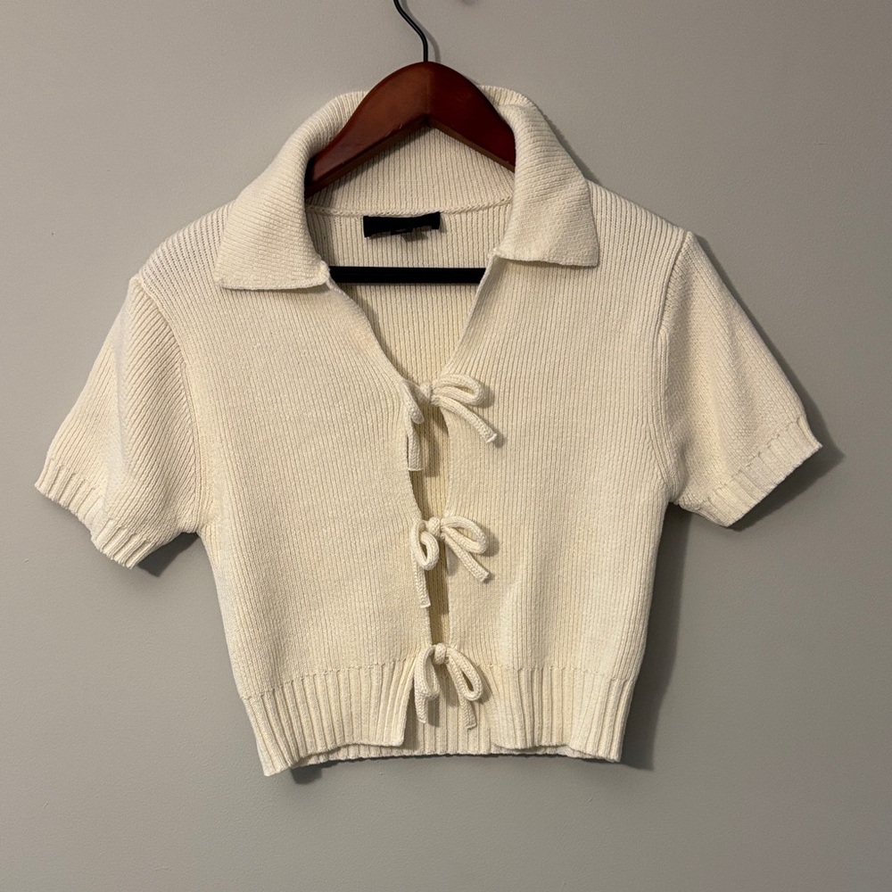 Zara Cream Tie-Front Cropped Knit Polo